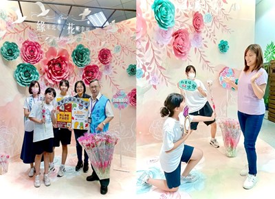 主任、志工及參與活動民眾於本所結婚牆合照歡慶母親節，並進行戶政業務宣導合影
