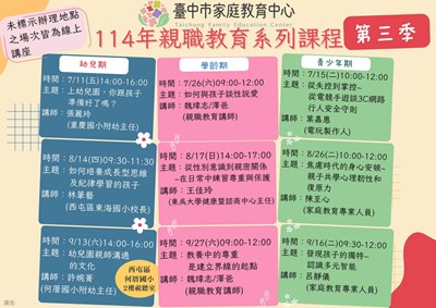 114年「第三季親職教育系列課程」，歡迎民眾及家長踴躍參加