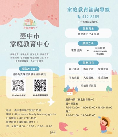 臺中市家庭教育中心服務項目及家庭教育諮詢專線宣導卡，歡迎民眾下載運用