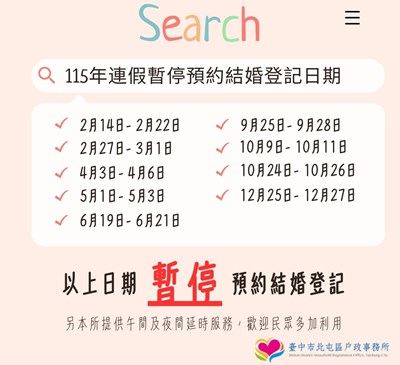 本市各戶政事務所於明(115)年度連續假期之假日暫停辦理預約結婚登記，如有問題歡迎來電本所洽詢