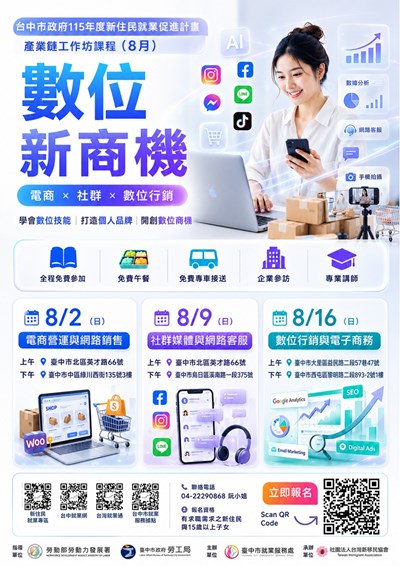 臺中市就業服務處委託社團法人台灣新移民協會辦理「數位新商機」產業鏈工作坊，歡迎待業新住民踴躍報名參與