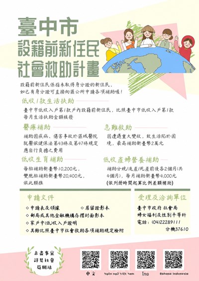 「臺中市政府社會局補助設籍前婚姻移民社會救助」計畫